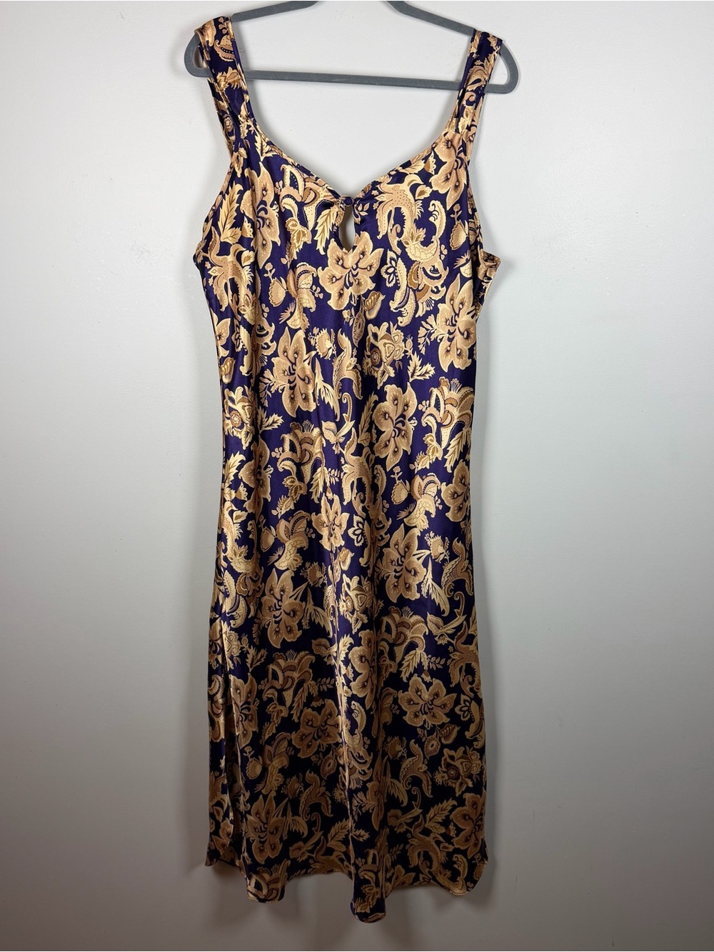 Vintage Adonna Glossy Satin Long Royal Purple Gold Floral Maxi Nightgown XL
